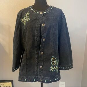 Alfred Dunner dark Denim Jacket with Butterfly Accents. Size 16. Pre-owned.